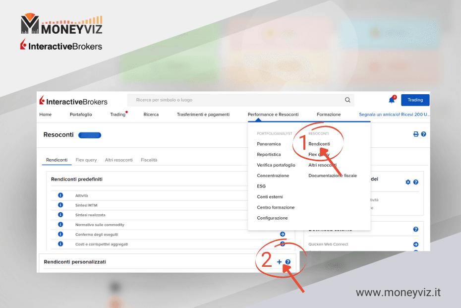 Schermata rendiconti personalizzati Interactive Brokers — pulsante più
